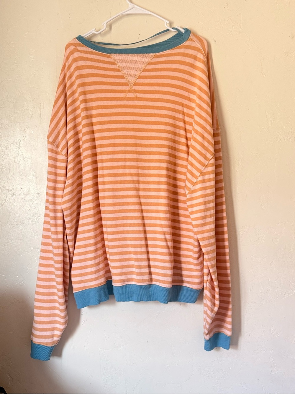 We The Free Peach and Cream Striped Sweatshirt with Blue Trim